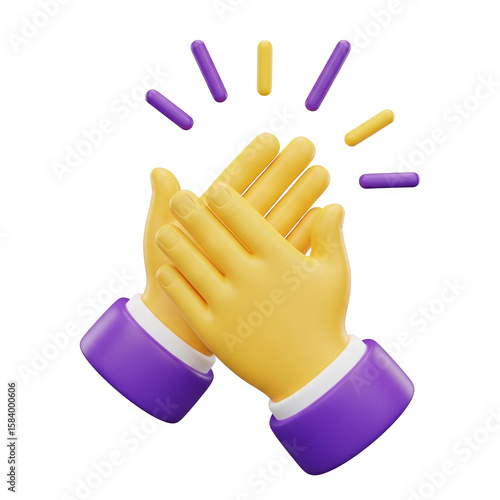 3d cartoon hands clapping in celebration with purple and yellow accents isolated on transparent background