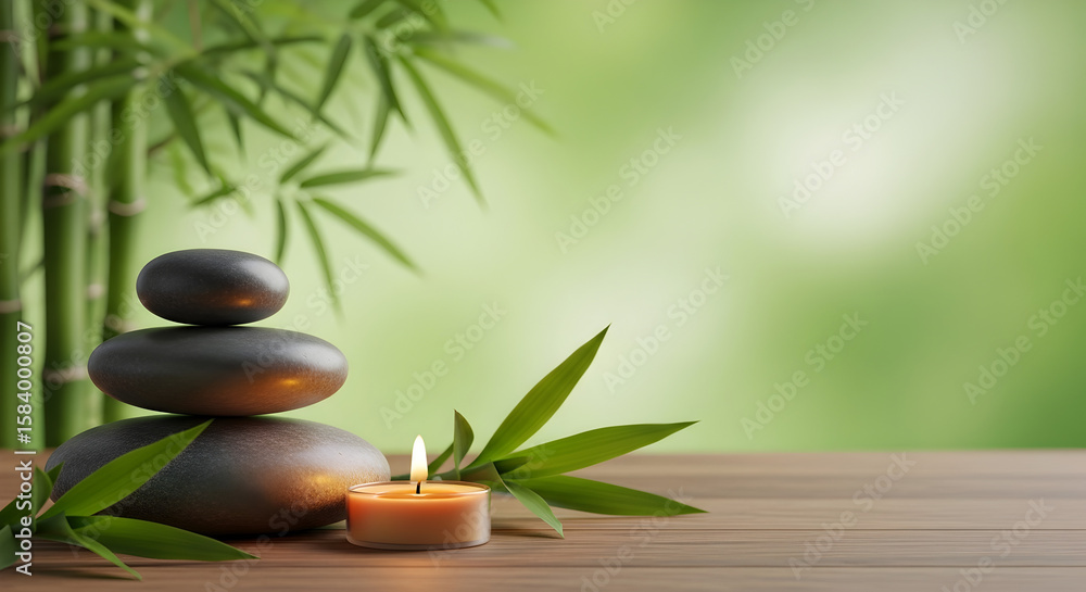 Obraz premium Zen Spa Scene: Bamboo, Stones, Candle on Wood