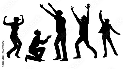 A curated set of black silhouette individuals in expressive poses, such as cheering, waving, kneeling, dancing, or gesturing with hands. The scene focuses on body language and mood. Figures are spread