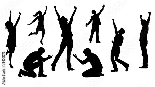 A curated set of black silhouette individuals in expressive poses, such as cheering, waving, kneeling, dancing, or gesturing with hands. The scene focuses on body language and mood. Figures are spread