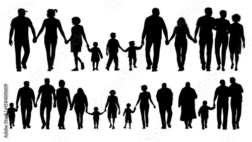 A large composition of black silhouette families in different arrangements, including parents with children, grandparents, and single parents. The figures display bonding moments such as holding hands