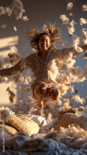 Joyful Woman Jumping on Bed with Feathers Flying in Warm Sunlight