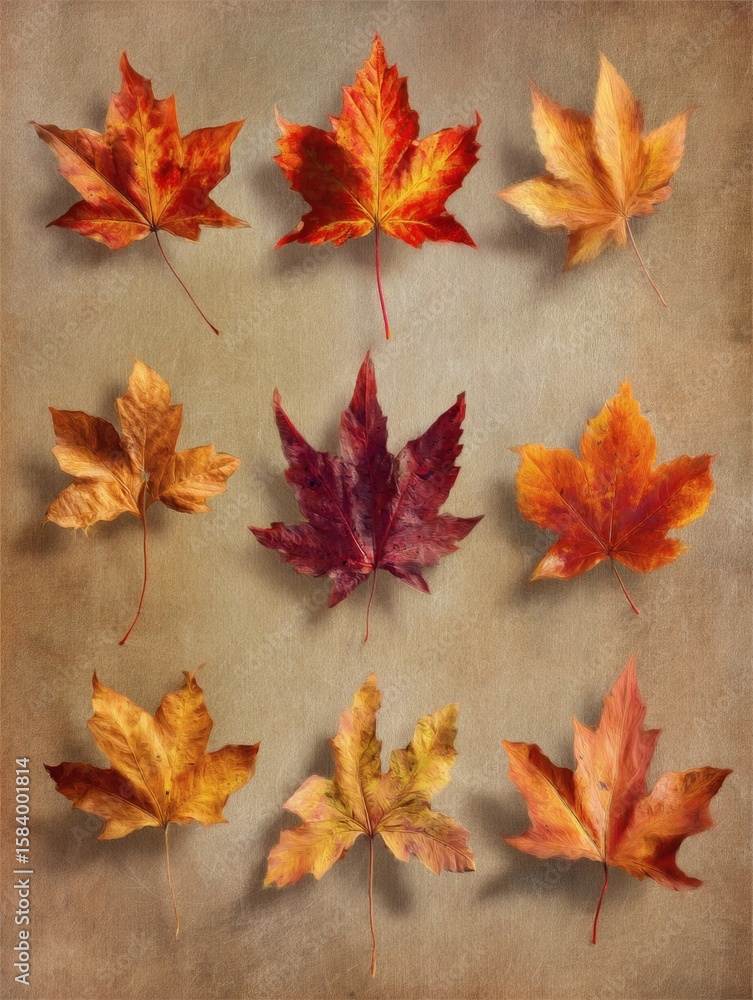 Fototapeta premium Realistic maple leaves various shades shapes antique textured background deep reds vibrant yellows autumn foliage beauty high resolution digital art natural lighting realism