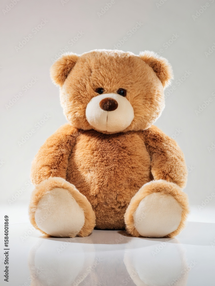 Fototapeta premium Fluffy cute teddy bear toy sitting ground paws resting white background product photography studio lighting centered composition soft shadows high resolution intricate details