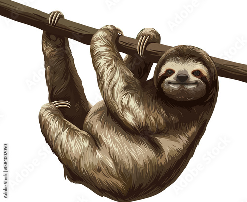 Brown-throated sloth (Bradypus variegatus) vector with transparent background, showing its arboreal behavior. Native to Central and South American tropical rainforests.