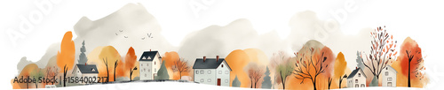 autumn village landscape with small house illustration border