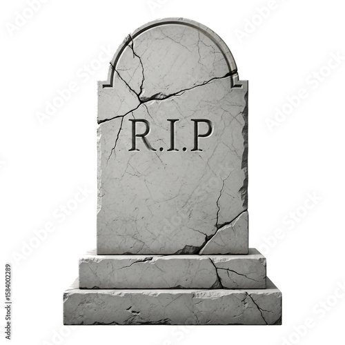 Cracked stone tombstone with rip inscription isolated on transparent background