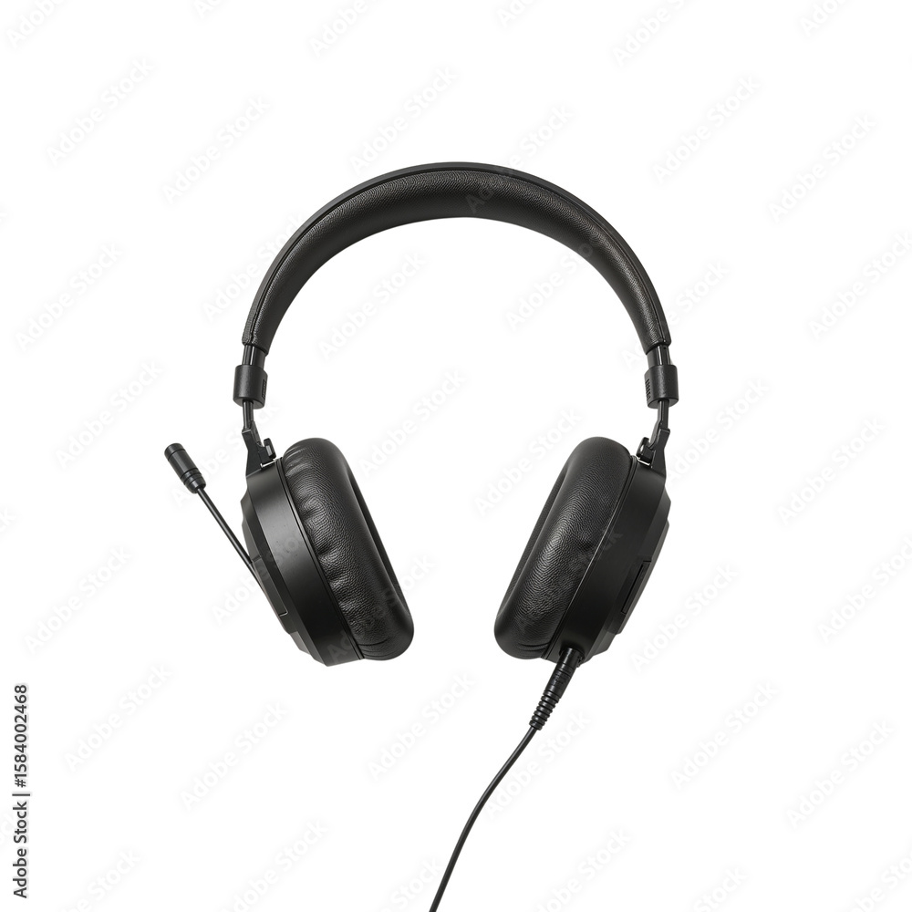 Fototapeta premium Black Over-Ear Headphones with Microphone – Comfortable Wired Audio Gear for Communication and Entertainment