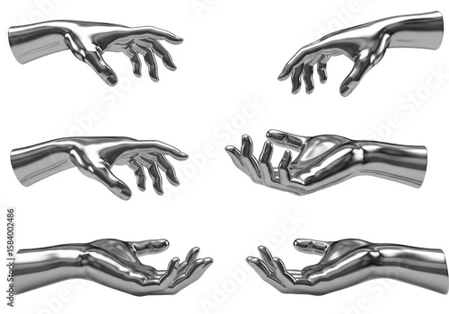 Six chrome hands reaching out and offering gestures isolated on transparent background