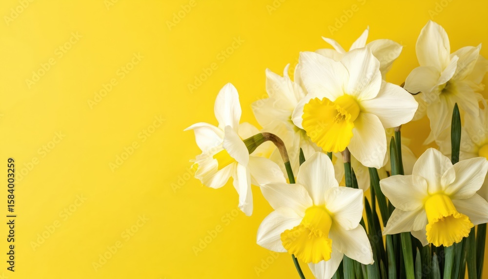 Obraz premium White daffodils bouquet arranged in two rows. Vibrant yellow petals and white centers stand out on warm yellow background. Muted yellow and darker yellow sections create balanced composition.