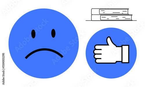 Blue sad face expressing negative emotion, thumbs-up hand gesture indicating positivity, and stacked books symbolizing knowledge or learning. Ideal for education, emotions, feedback, evaluation