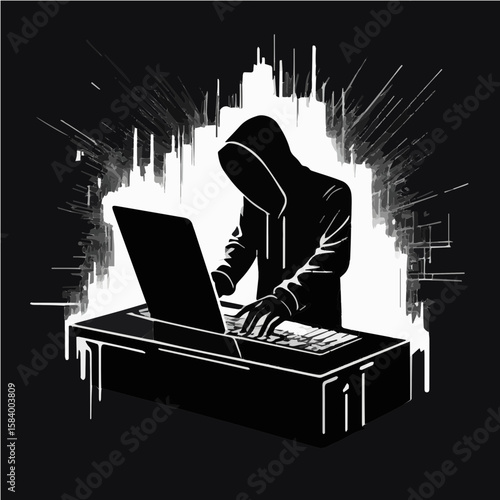 Cyber Threat Hacker Attack Icon. This visualization depicts a hacker's silhouette or hands on a keyboard with malicious code, malware attacking a system, or data being leaked