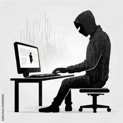 Malware System Breach Icon. This illustration showcases a hacker in action, malicious software infiltrating systems, or sensitive data escaping
