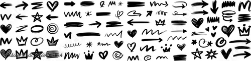 Hand-drawn doodle collection: arrows, hearts, crowns, stars, and abstract shapes; black ink on white background; playful, expressive style.