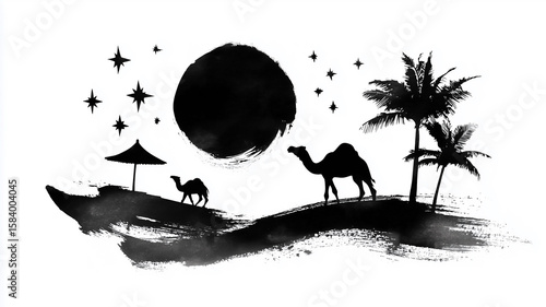 Camels walking in desert under full moon and starry sky