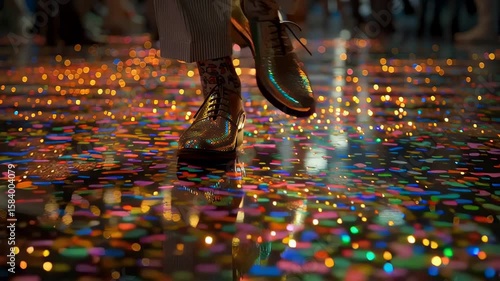 New year's eve celebration with sparkling shoes and colorful confetti on the floor