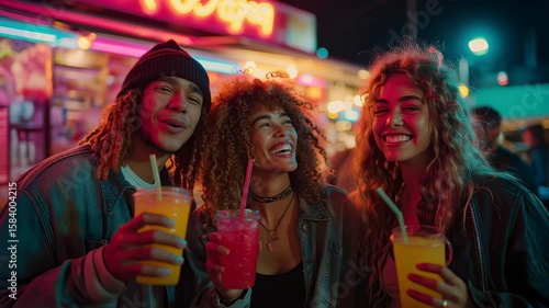 Friends celebrate New Year's Eve together with colorful drinks at a lively festive location