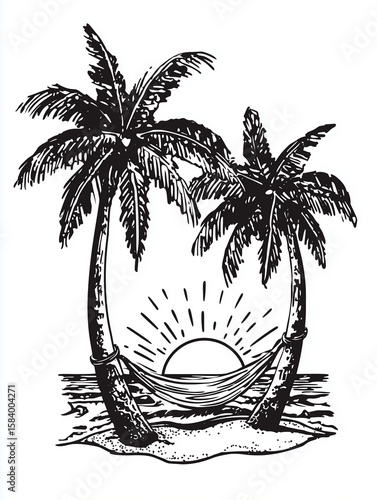 Hammock hanging between two palm trees at sunset on tropical beach
