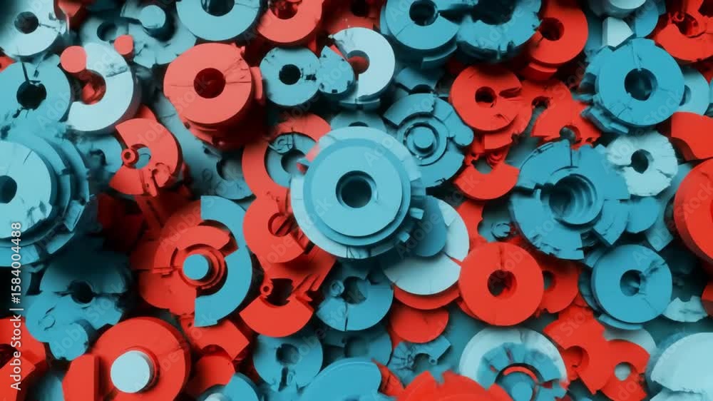 A dense arrangement of blue and orange circular objects with central holes and varied shapes fills frame