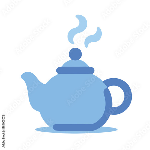 Blue tea kettle with steam rising in minimalistic vector style, white background, concept of relaxation and tea culture.