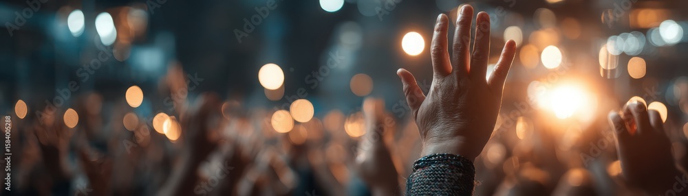 Obraz premium Celebrating a Successful Announcement Moment with Cheering Crowd and Raised Hands in a Bright Space During Seed Round Event