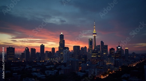 Wallpaper Mural Toronto cityscape emerges with skyscrapers and towers as twilight casts a vibrant, colorful sunset across the skyline, offering a captivating urban view at night. Torontodigital.ca