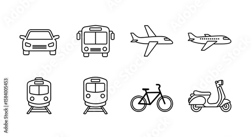 Collection of various transportation icons including car bus plane train bicycle and scooter in outline style