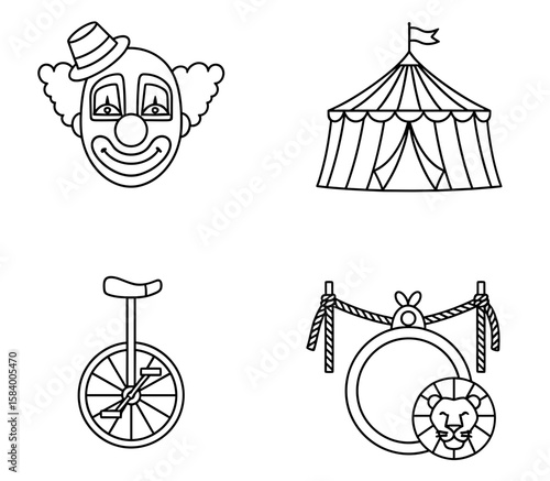 Outlined circus elements including clown face, tent, unicycle, and ring with lion image are shown