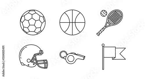 Outline drawing showcasing sports equipment like balls racket helmet and whistle in simple arrangement