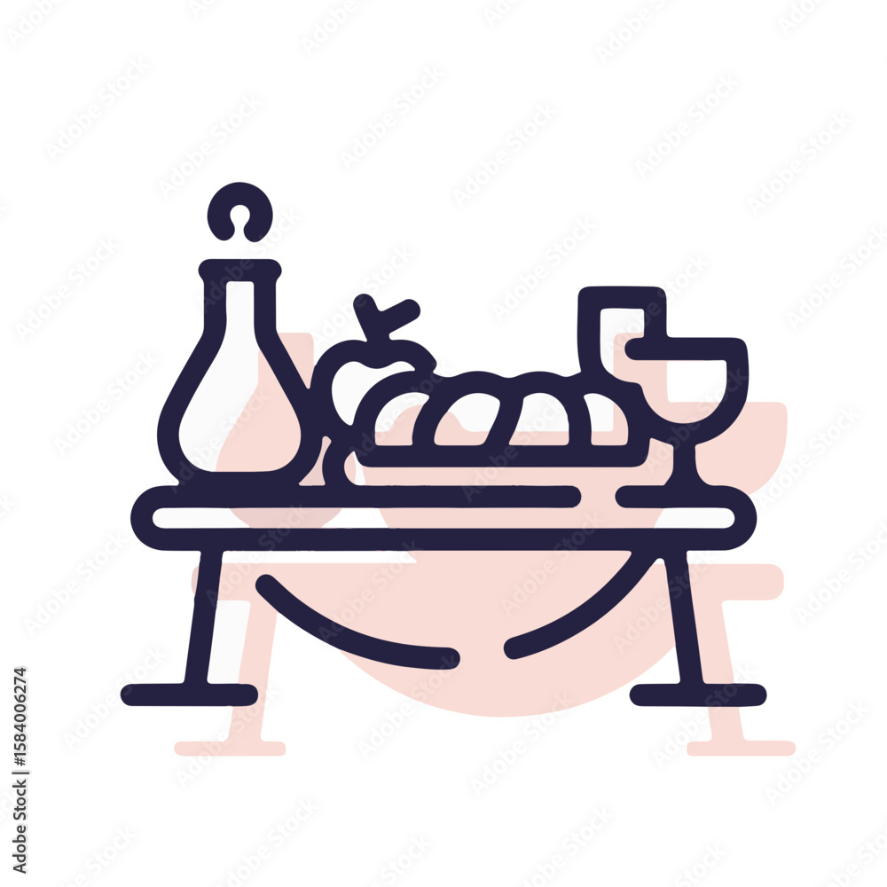 Minimalistic vector illustration of challah, apples, and wine on a set table, pastel garnet color shadow on white background, concept of Jewish traditions and celebrations.