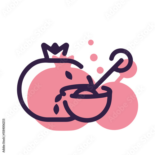 Minimalistic pomegranate and honey jar icon with dipping spoon, pastel garnet color shadow on white background, concept of culinary art and healthy living.