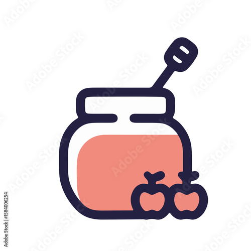 Minimalistic honey jar with wooden dipper and apples, pastel garnet shadow, clean white background, concept of natural sweetness and wellness promotion.