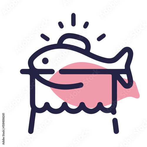 Minimalistic fish head icon representing Rosh Hashanah on a table, simple vector design, pastel garnet shadow on white background, concept of Jewish New Year, restaurants, event planning