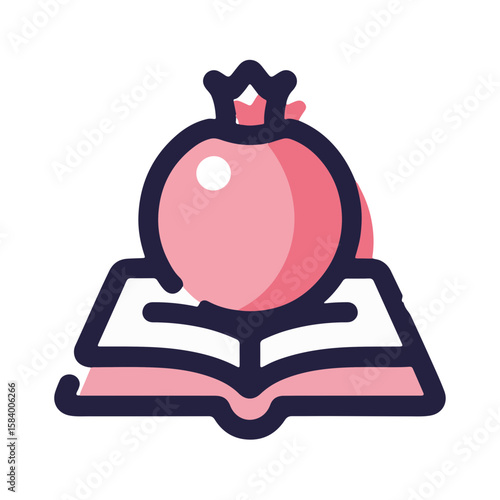 Minimalistic pulsar icon of Rosh Hashanah prayer book with pomegranate, pastel garnet shadow on white background, Jewish holiday and tradition concept of Jewish faith, religious services.