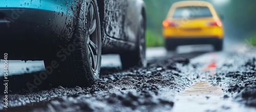 Muddy road, car tire close-up, blurred car behind, rain