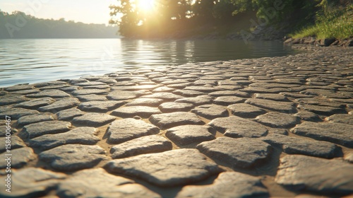 Sunset over calm lake, stone path, summer evening.  Relaxing nature scene for travel brochures