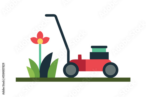 Stylized Lawn Mower Beside Flower Bed