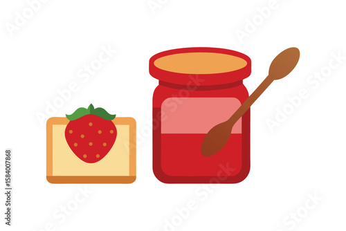 Stylized Jar Of Strawberry Jam With A Spoon And Bread