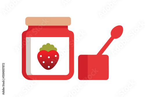Stylized Jar Of Strawberry Jam With A Spoon And Bread
