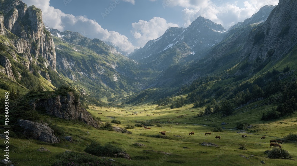 Fototapeta premium Serene Mountain Valley Pasture with Grazing Cattle Under a Cloudy Sky