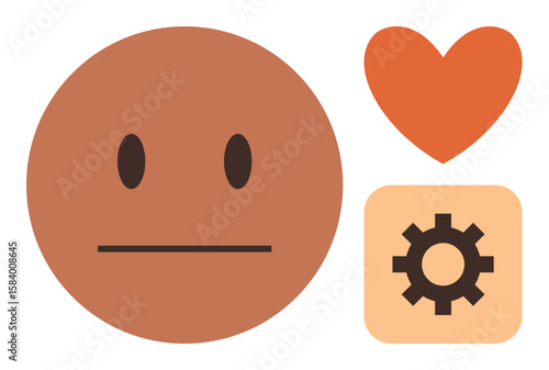 Neutral face, heart, and gear icons symbolize expression, emotion, affection, productivity, and strategy. Ideal for communication, self-expression emotion teamwork efficiency and psychology