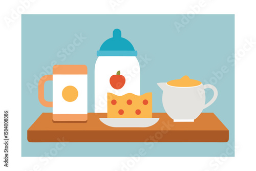 Set Of Cartoon Breakfast Items On A Light Wooden Surface