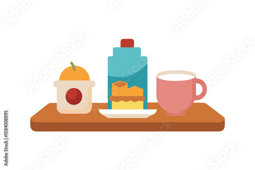 Set Of Cartoon Breakfast Items On A Light Wooden Surface