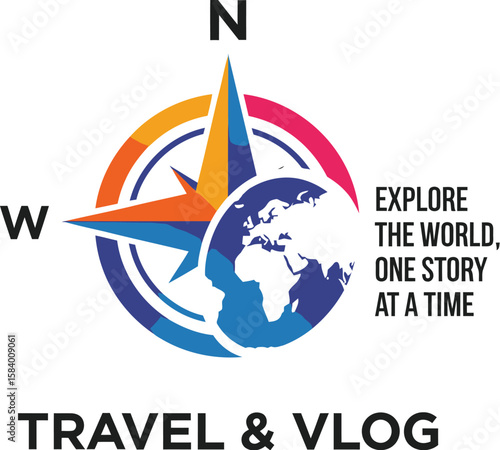 Vibrant travel & vlog compass logo vector in EPS format with globe and tagline: “Explore the world, one story at a time.” Perfect for creators—download now and inspire your next adventure!
