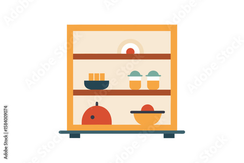 Minimalist Cabinet Shelf With Food And Dishes