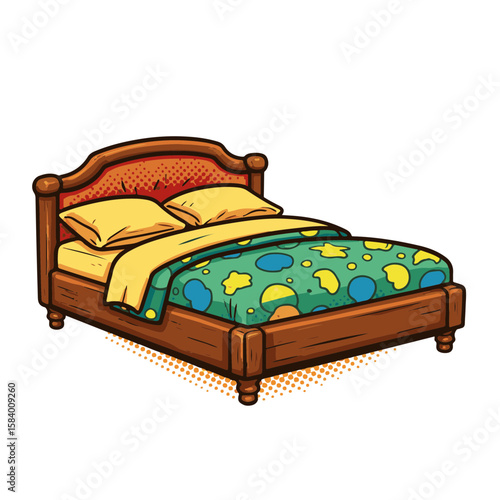 Colorful pop art style bed with playful patterns and vibrant colors, isolated on white, concept of cozy home decor and youthfulness.