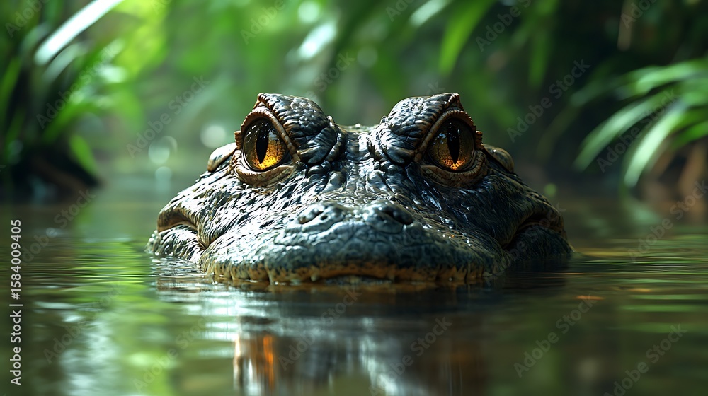 Fototapeta premium A close up photo of a fearsome alligator showing amber eyes floating in tranquil water