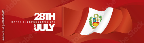 28th of July Peru Independence Day banner with wavy Peru flag on abstract red background