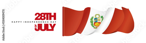 28th of July Peru Independence Day banner with wavy Peru flag on white background