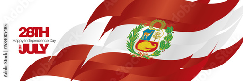 Peru Independence Day 28th of July banner. Bold typography lettering message 28th of July on Peru abstract flag ribbon background
